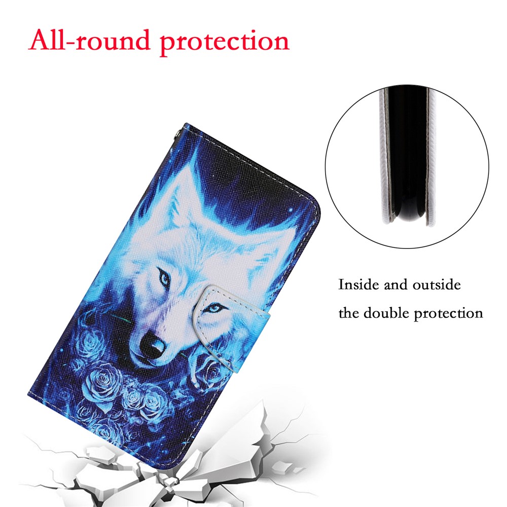 Pattern Printing Shockproof Leather Phone Case Wallet Cover with Wrist Strap for Xiaomi Redmi 10/Redmi 10 Prime - Rose and Wolf-7