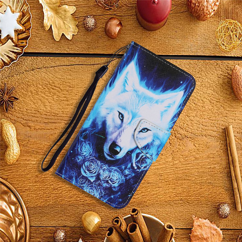 Pattern Printing Shockproof Leather Phone Case Wallet Cover with Wrist Strap for Xiaomi Redmi 10/Redmi 10 Prime - Rose and Wolf-8