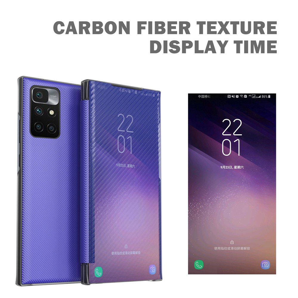 Fall-proof Carbon Fiber Texture Folio Flip Kickstand Hard PC Phone Case Shell for Xiaomi Redmi 10/10 Prime - Blue-3