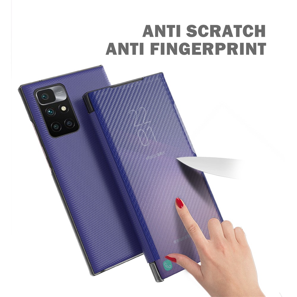 Fall-proof Carbon Fiber Texture Folio Flip Kickstand Hard PC Phone Case Shell for Xiaomi Redmi 10/10 Prime - Blue-4