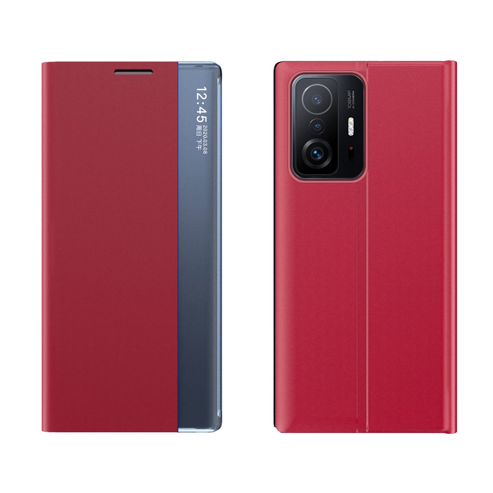 Foldable Stand Folio Flip Litchi Leather Auto-absorbed Protector Shell with View Window for Xiaomi 11T/11T Pro - Red-1