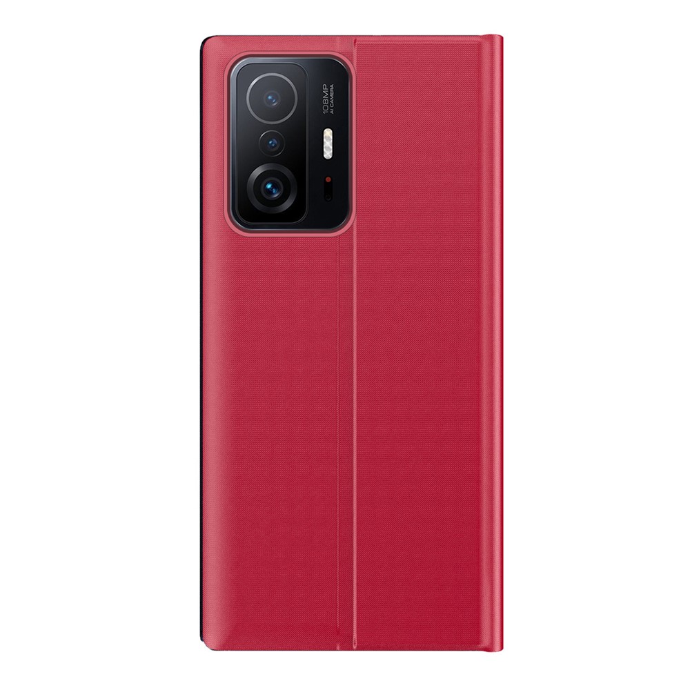 Foldable Stand Folio Flip Litchi Leather Auto-absorbed Protector Shell with View Window for Xiaomi 11T/11T Pro - Red-3