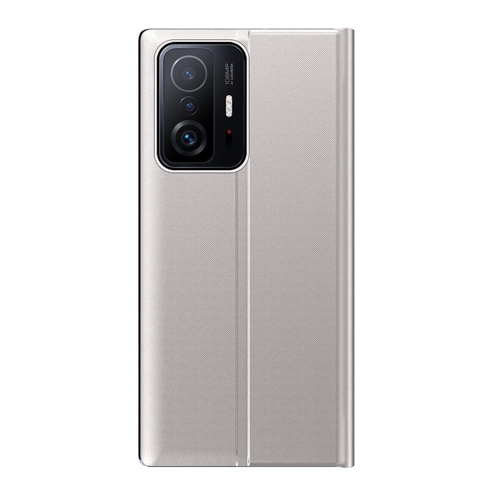Foldable Stand Folio Flip Litchi Leather Auto-absorbed Protector Shell with View Window for Xiaomi 11T/11T Pro - Silver-2