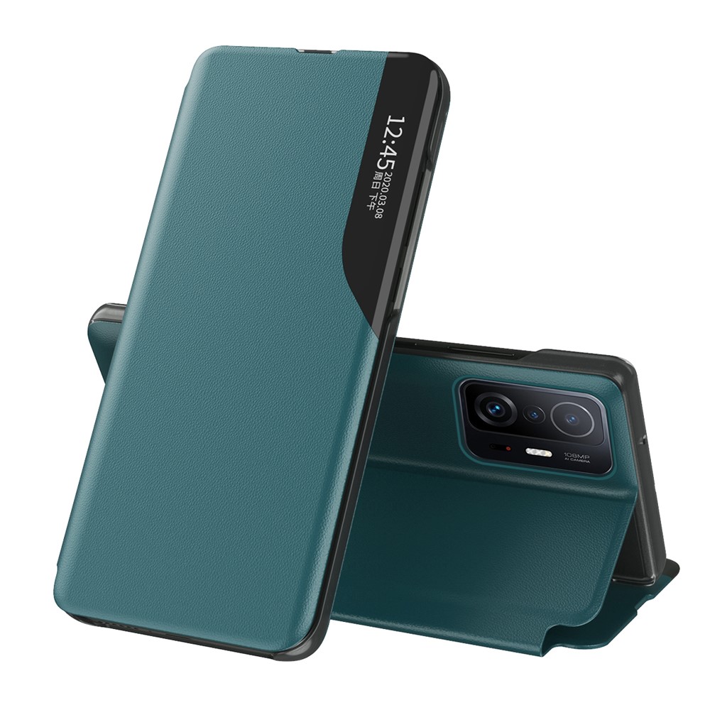 Litchi Texture Leather Phone Stand Case Folio Flip Cover with View Window for Xiaomi 11T/11T Pro - Green-1