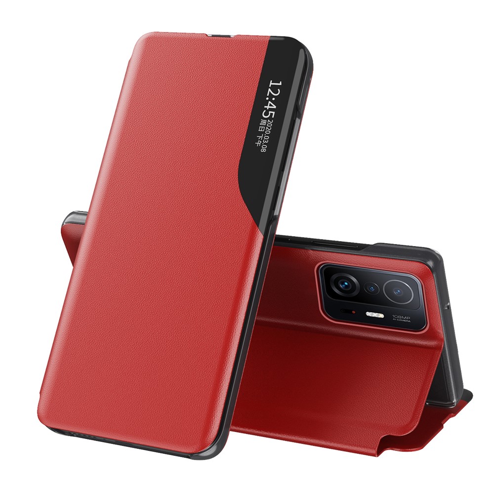 Litchi Texture Leather Phone Stand Case Folio Flip Cover with View Window for Xiaomi 11T/11T Pro - Red-1