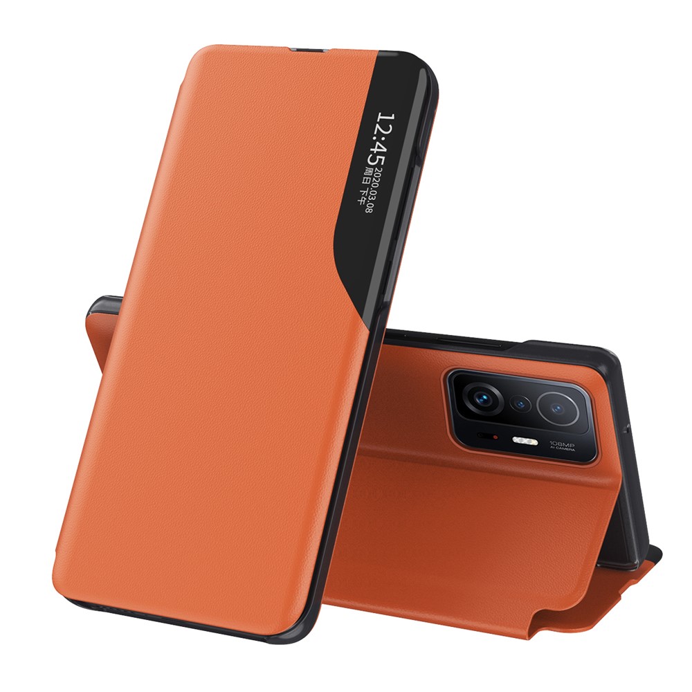 Litchi Texture Leather Phone Stand Case Folio Flip Cover with View Window for Xiaomi 11T/11T Pro - Orange-1
