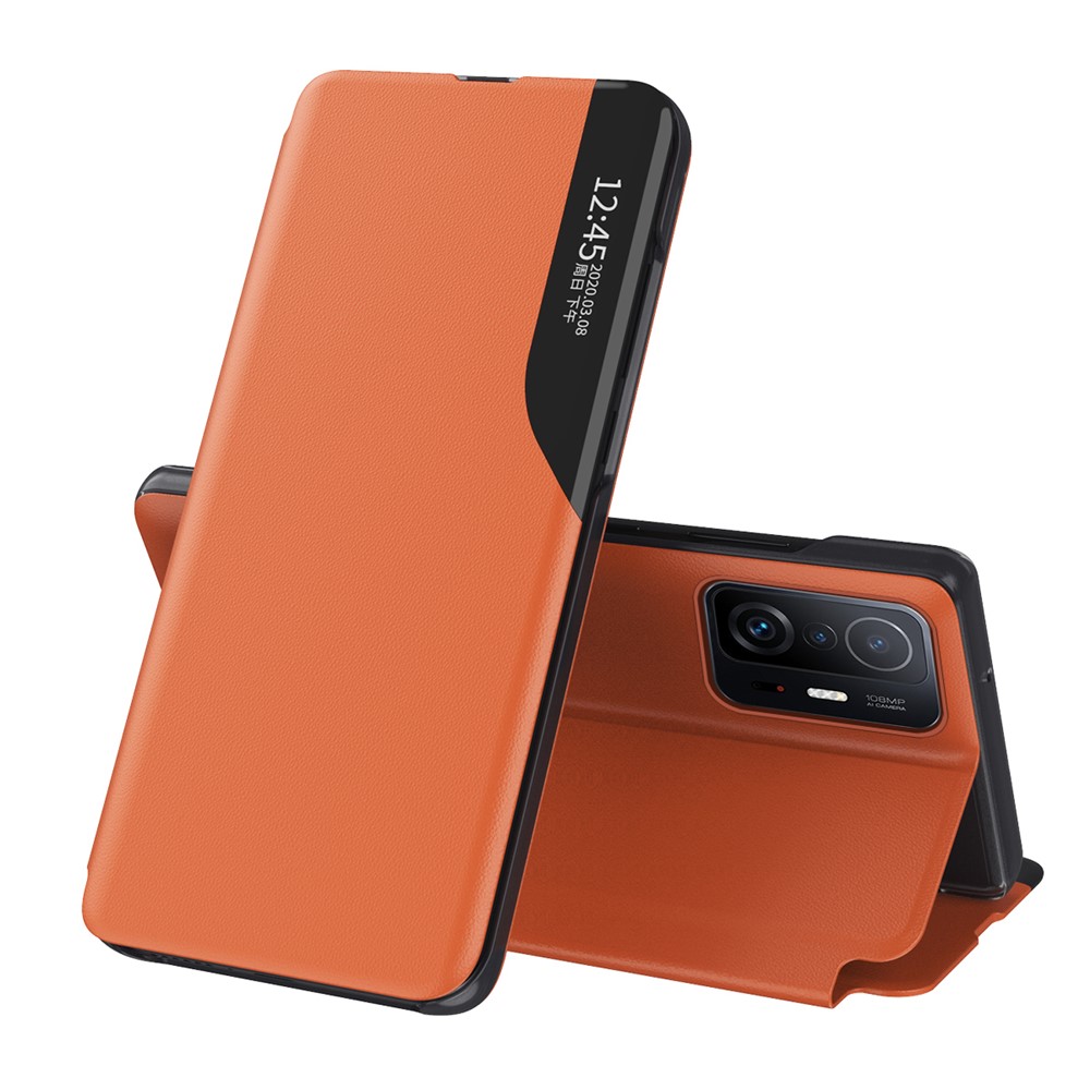 Litchi Textur Leder Telefon Stand Hülle Folio Flip Cover Mit Blickfenster Für Xiaomi 11t/11t Pro - Orange