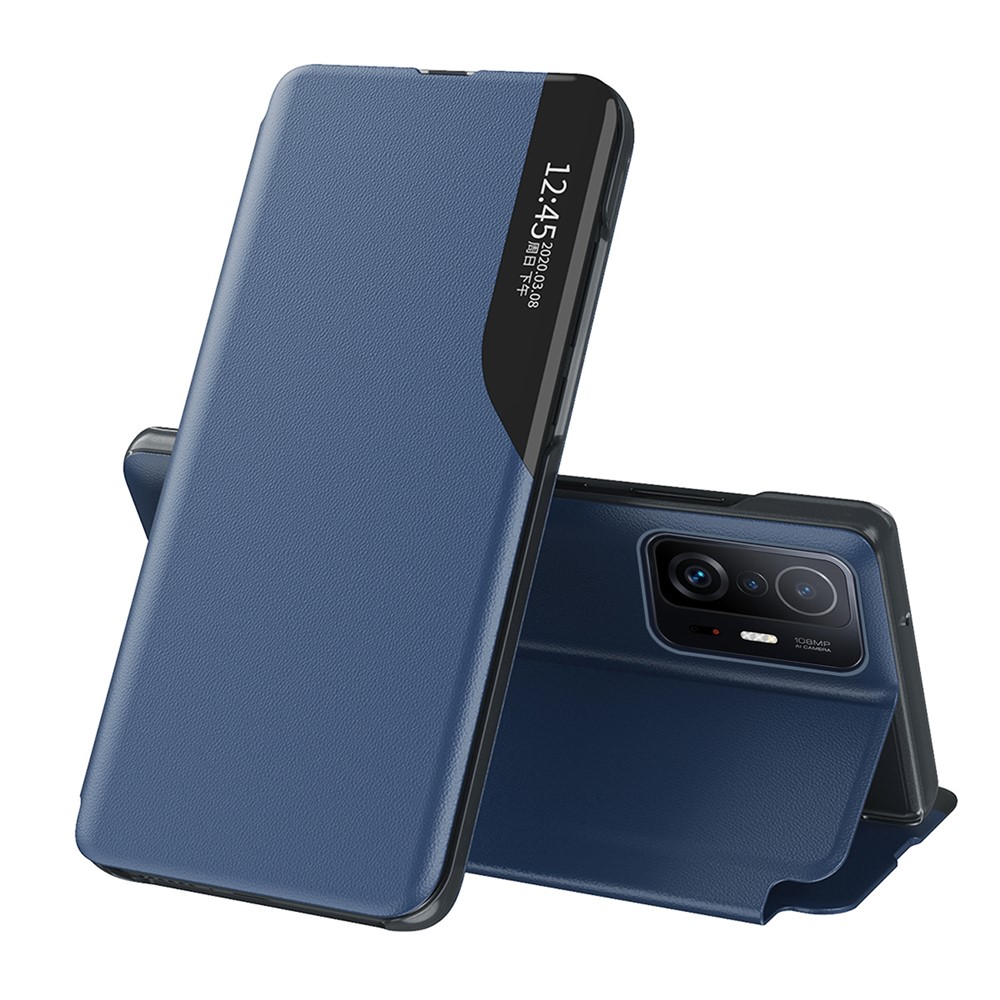 Litchi Texture Leather Phone Stand Case Folio Flip Cover with View Window for Xiaomi 11T/11T Pro - Sapphire-1