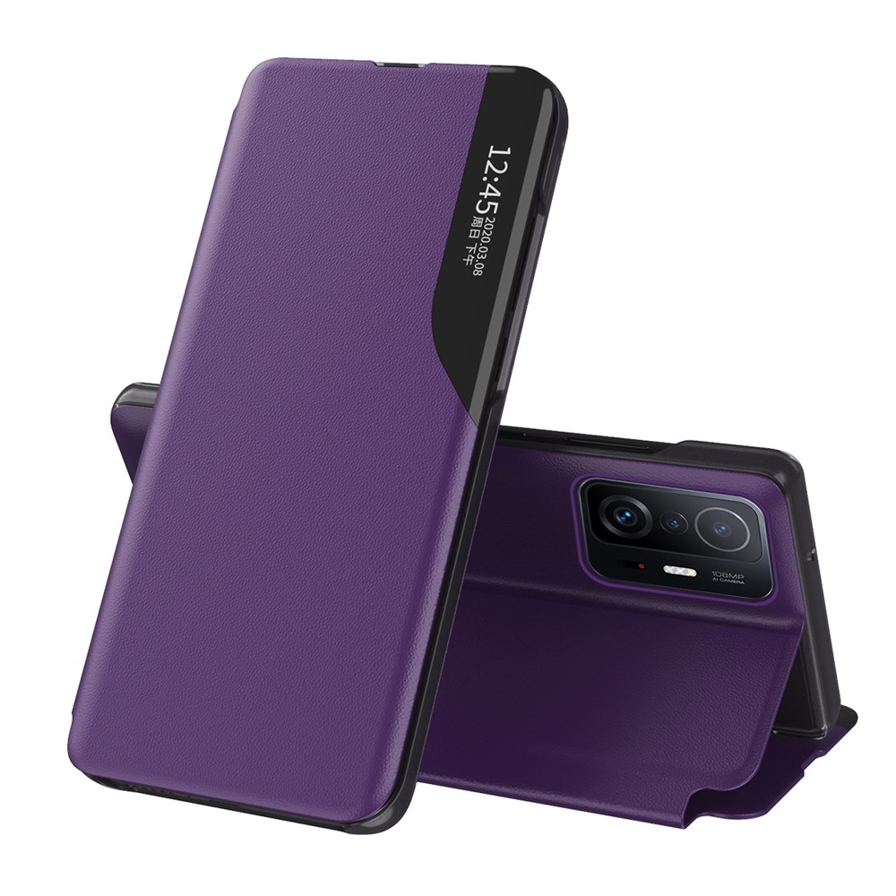 Litchi Texture Leather Phone Stand Case Folio Flip Cover with View Window for Xiaomi 11T/11T Pro - Purple-1