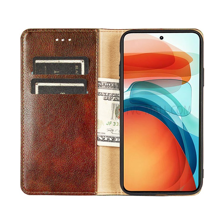 Wallet Stand Design Auto-absorbed Closure Leather Phone Flip Cover Shell for Xiaomi Redmi Note 10 4G/Note 10S - Brown-4