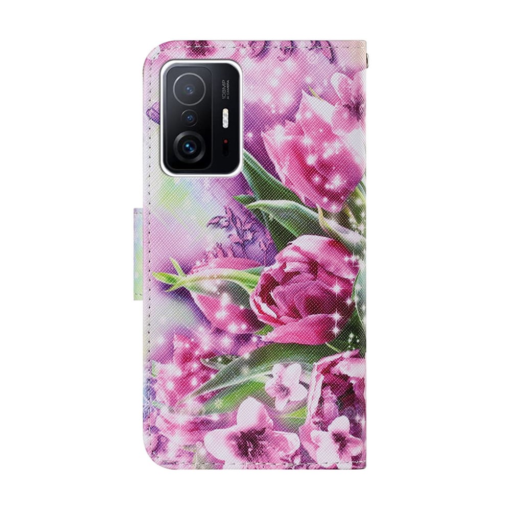 Pattern Printing Full Protection Leather Phone Case Stand Wallet Cover with Wrist Strap for Xiaomi 11T - Rose and Butterfly-3