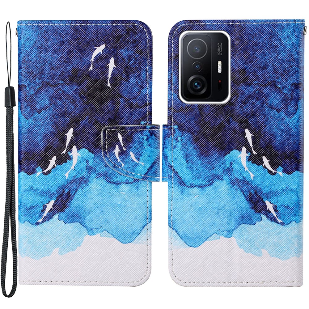 Pattern Printing Stand Wallet Design Protective Leather Case Phone Cover with Lanyard for Xiaomi 11T - Watercolor Fish-1