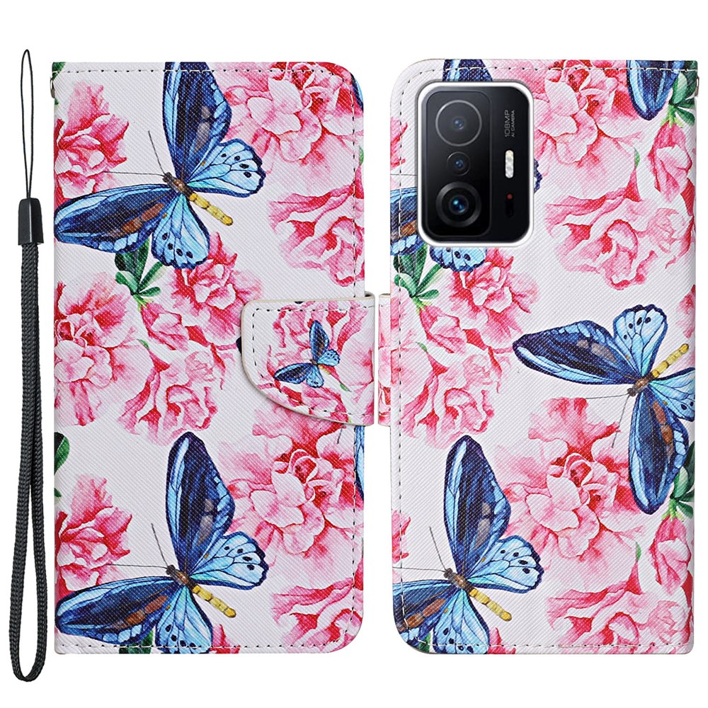 Pattern Printing PU Leather Phone Stand Wallet Case Protective Cover with Wrist Strap for Xiaomi 11T - Dragonfly/Flowers-1