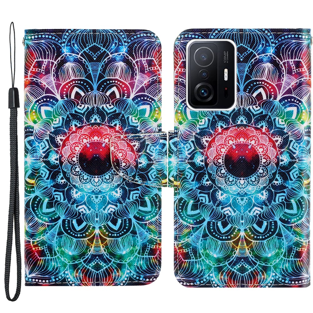 Cross Texture Wallet Stand Design Folio Flip Leather Phone Case Shell with Strap for Xiaomi 11T - Mandala Flower-1