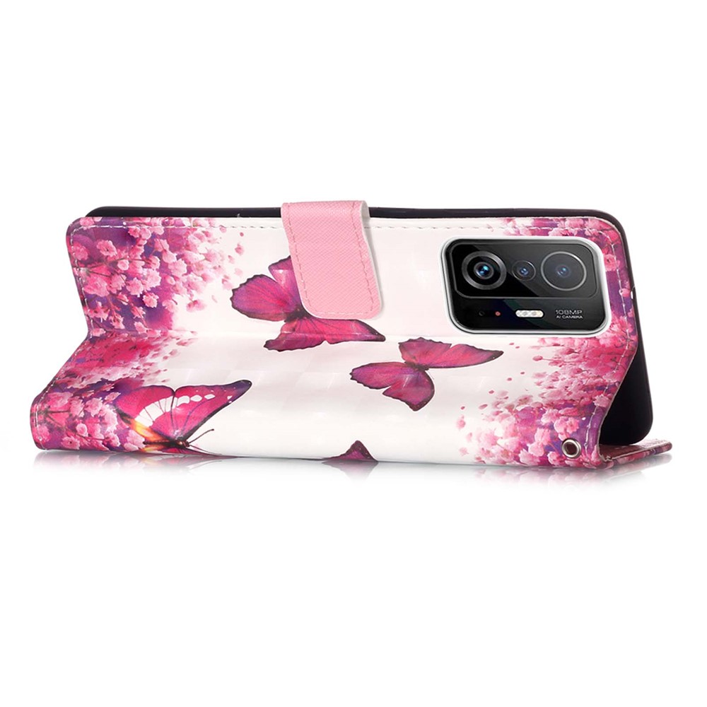 3D Pattern Printing Card Slots Shockproof Leather Case Wallet Stand Cover with Wrist Strap for Xiaomi 11T - Rose Red Butterfly-4