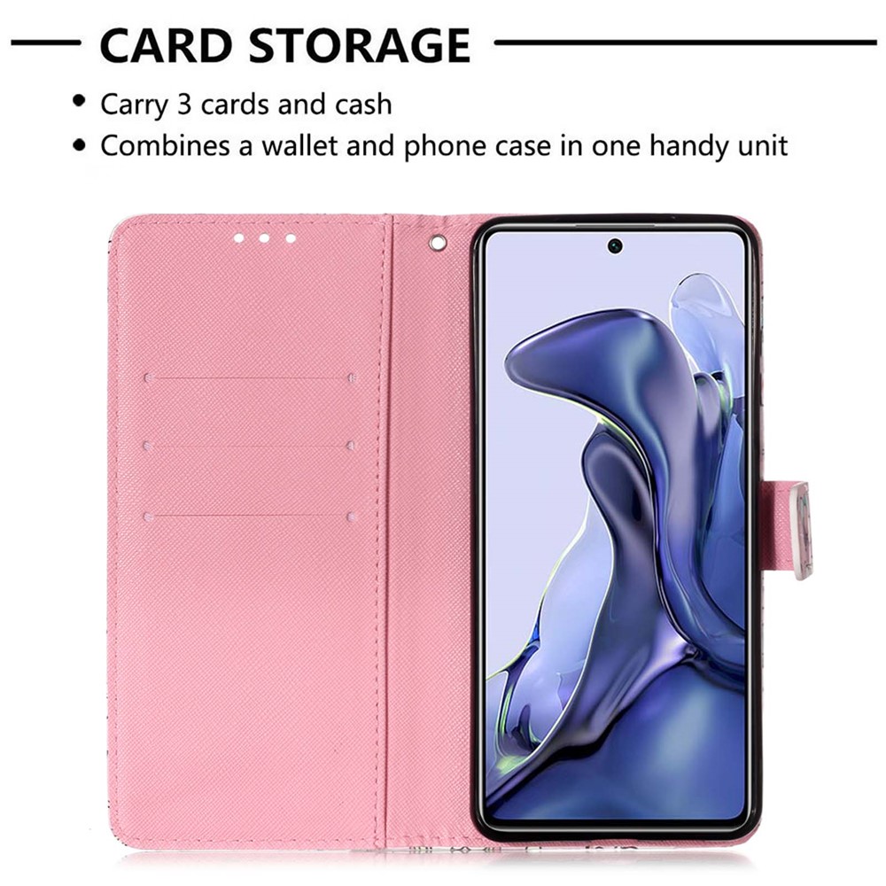 3D -muster -druckkarten -slots Stoßdicht Von Lederhülle Wallet Ständer Mit Armbandgurt Für Xiaomi 11t/11t Pro - Rosenroter Schmetterling-5