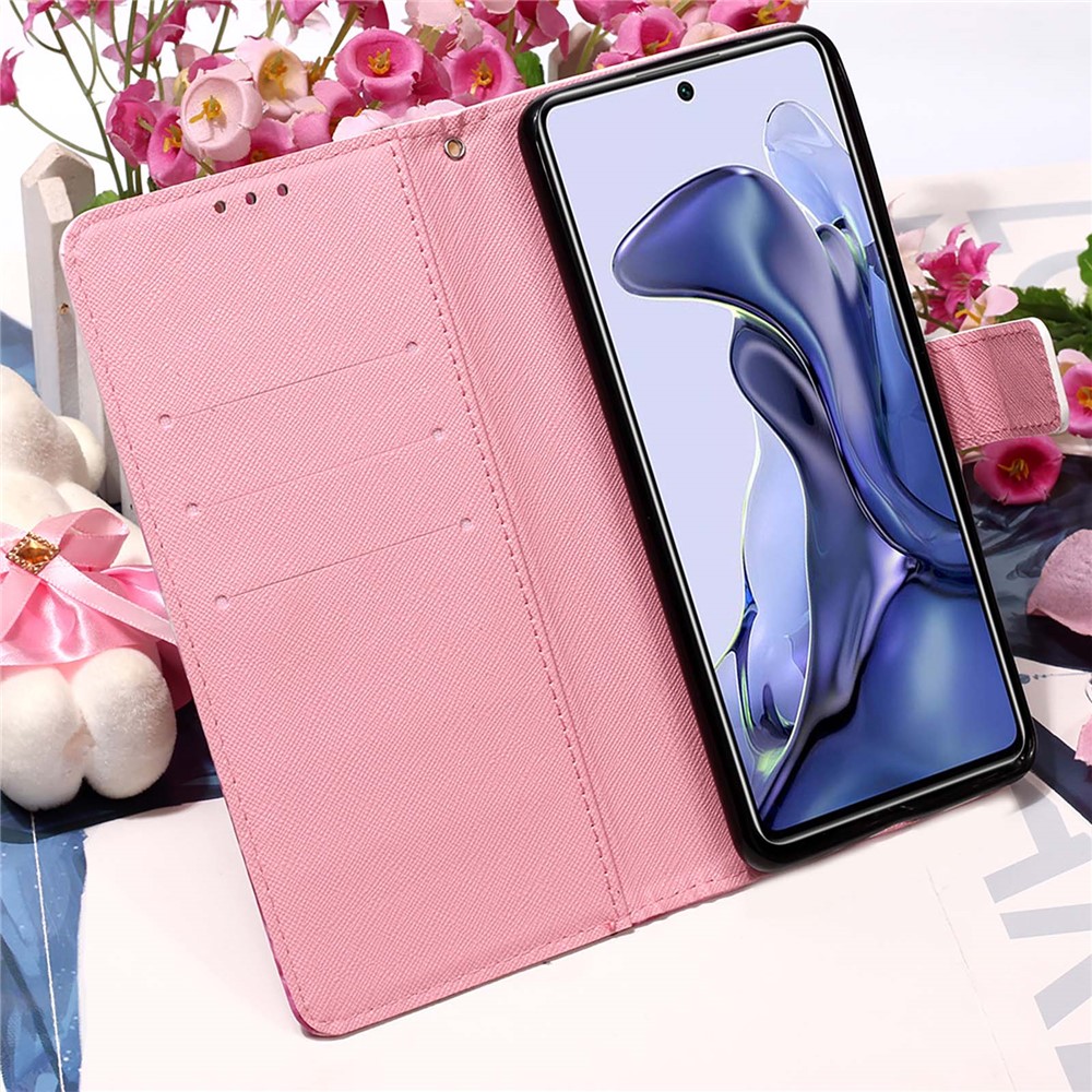 3D Pattern Printing Card Slots Shockproof Leather Case Wallet Stand Cover with Wrist Strap for Xiaomi 11T - Rose Red Butterfly-6