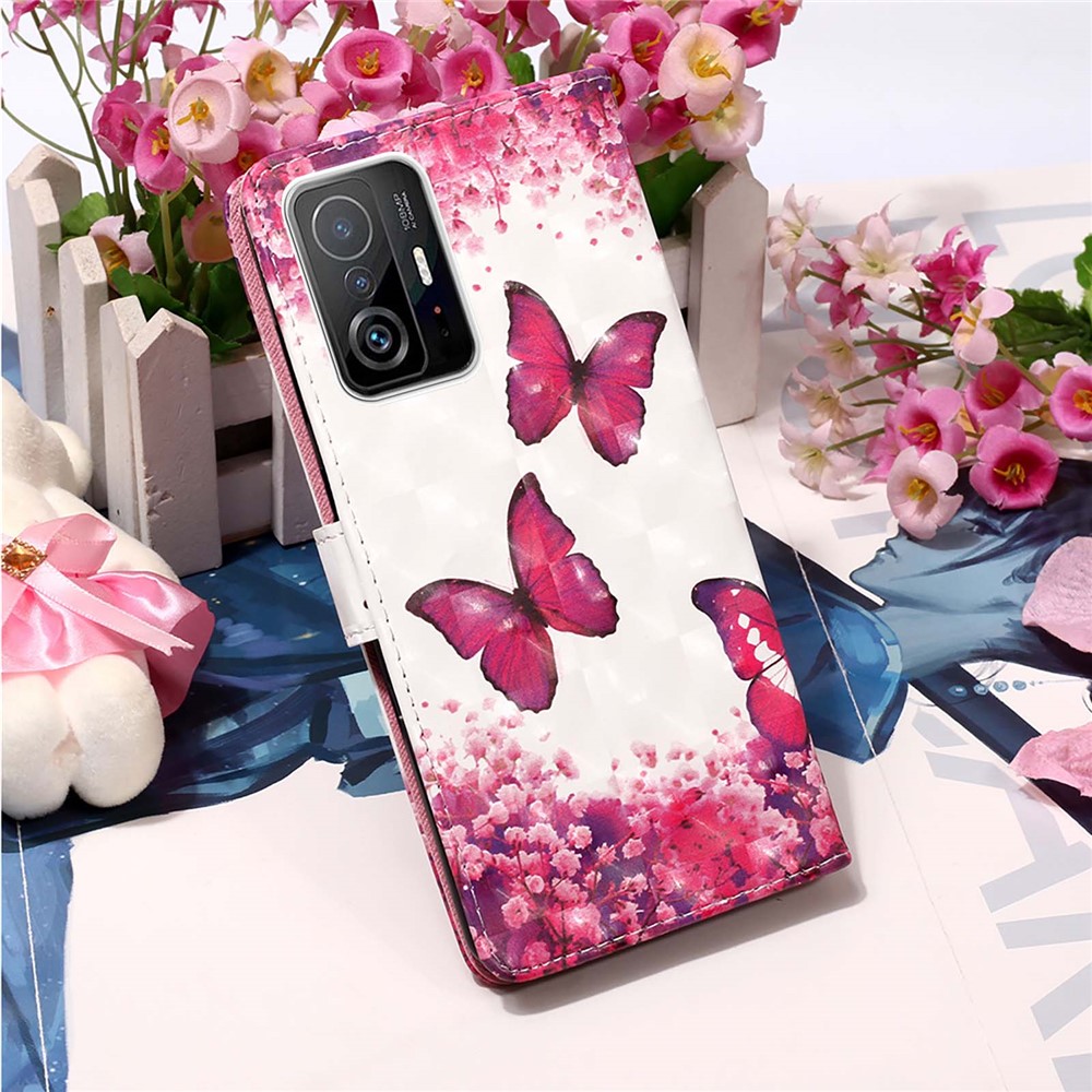 3D Pattern Printing Card Slots Shockproof Leather Case Wallet Stand Cover with Wrist Strap for Xiaomi 11T - Rose Red Butterfly-8