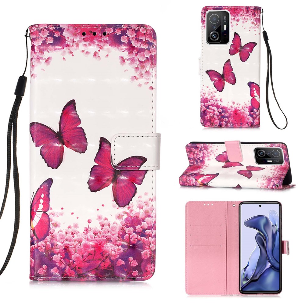 3D Pattern Printing Card Slots Shockproof Leather Case Wallet Stand Cover with Wrist Strap for Xiaomi 11T - Rose Red Butterfly-9
