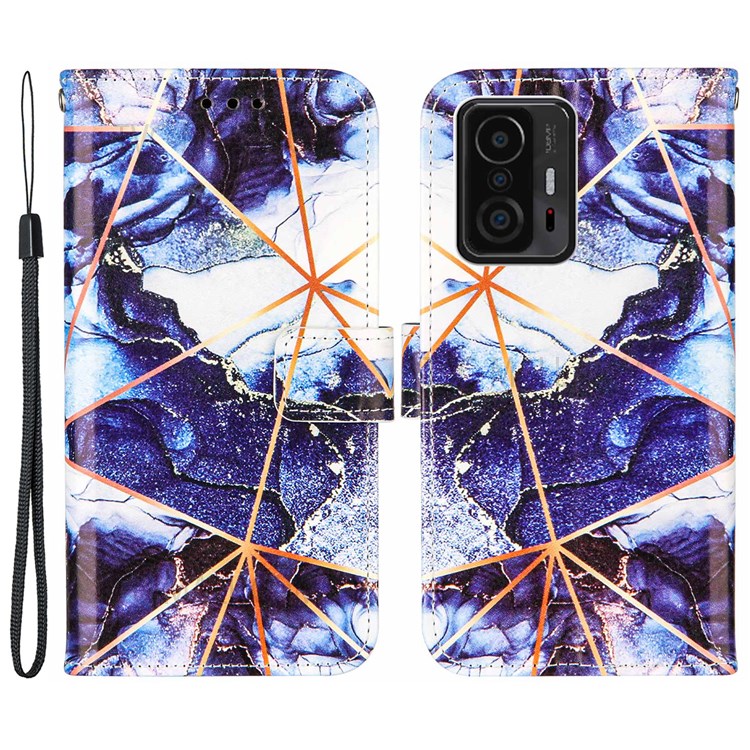 Marble Pattern Splicing Leather Protective Case Wallet Stand Phone Cover Shell with Waist Strap for Xiaomi 11T - Dark Blue-1