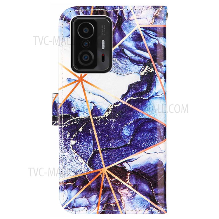 Marble Pattern Splicing Leather Protective Case Wallet Stand Phone Cover Shell with Waist Strap for Xiaomi 11T - Dark Blue-3