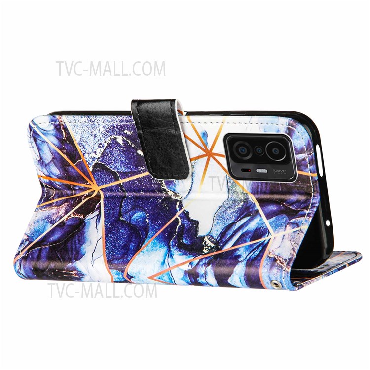 Marble Pattern Splicing Leather Protective Case Wallet Stand Phone Cover Shell with Waist Strap for Xiaomi 11T - Dark Blue-4