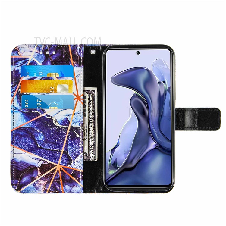 Marble Pattern Splicing Leather Protective Case Wallet Stand Phone Cover Shell with Waist Strap for Xiaomi 11T - Dark Blue-5