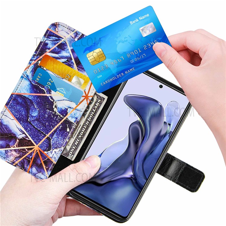 Marble Pattern Splicing Leather Protective Case Wallet Stand Phone Cover Shell with Waist Strap for Xiaomi 11T - Dark Blue-6