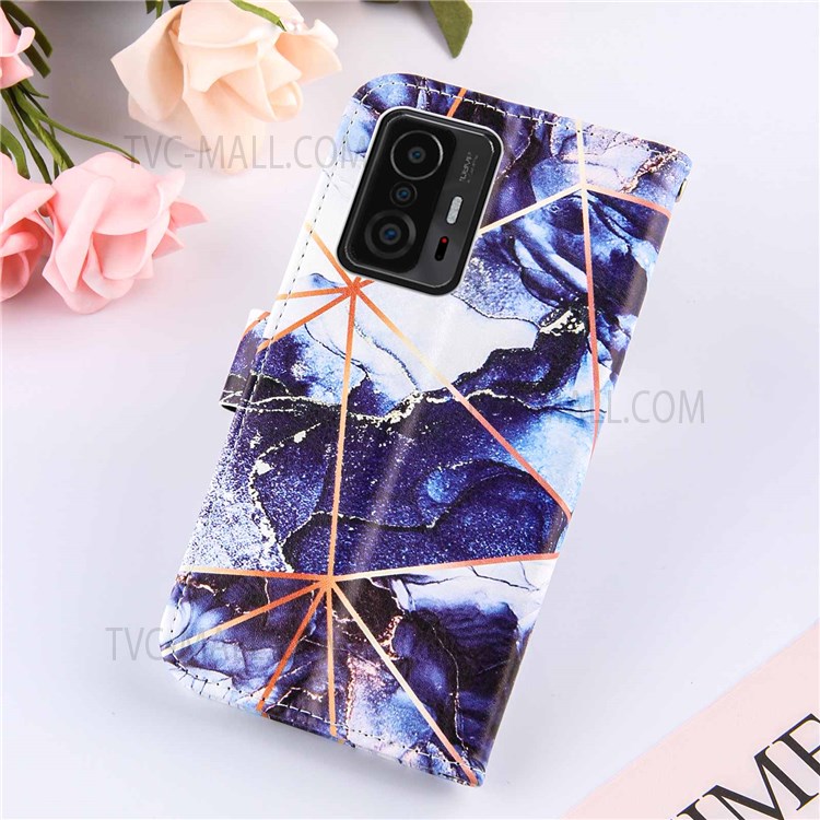 Marble Pattern Splicing Leather Protective Case Wallet Stand Phone Cover Shell with Waist Strap for Xiaomi 11T - Dark Blue-8