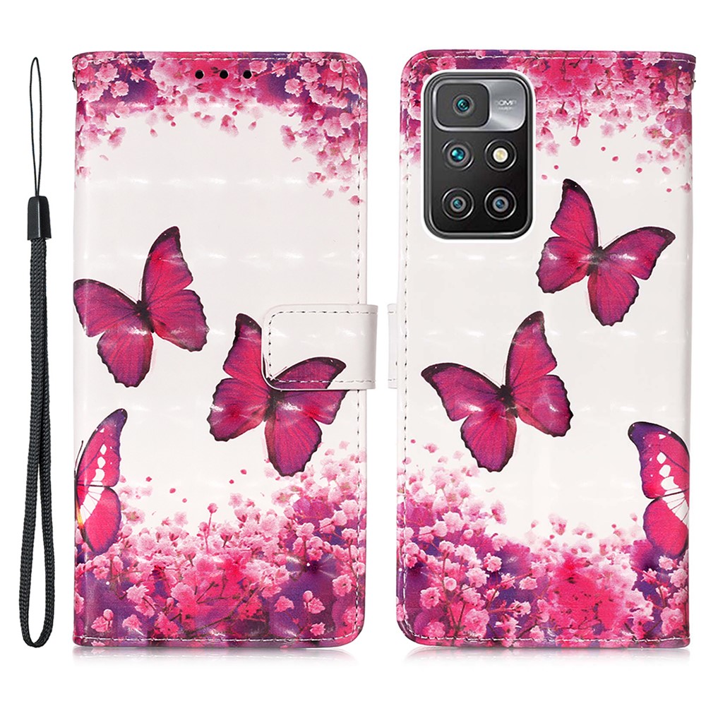 3D Pattern Printing Stand Wallet Design Phone Cover Shell with Strap for Xiaomi Redmi 10/Redmi 10 Prime - Rose Red Butterfly-1