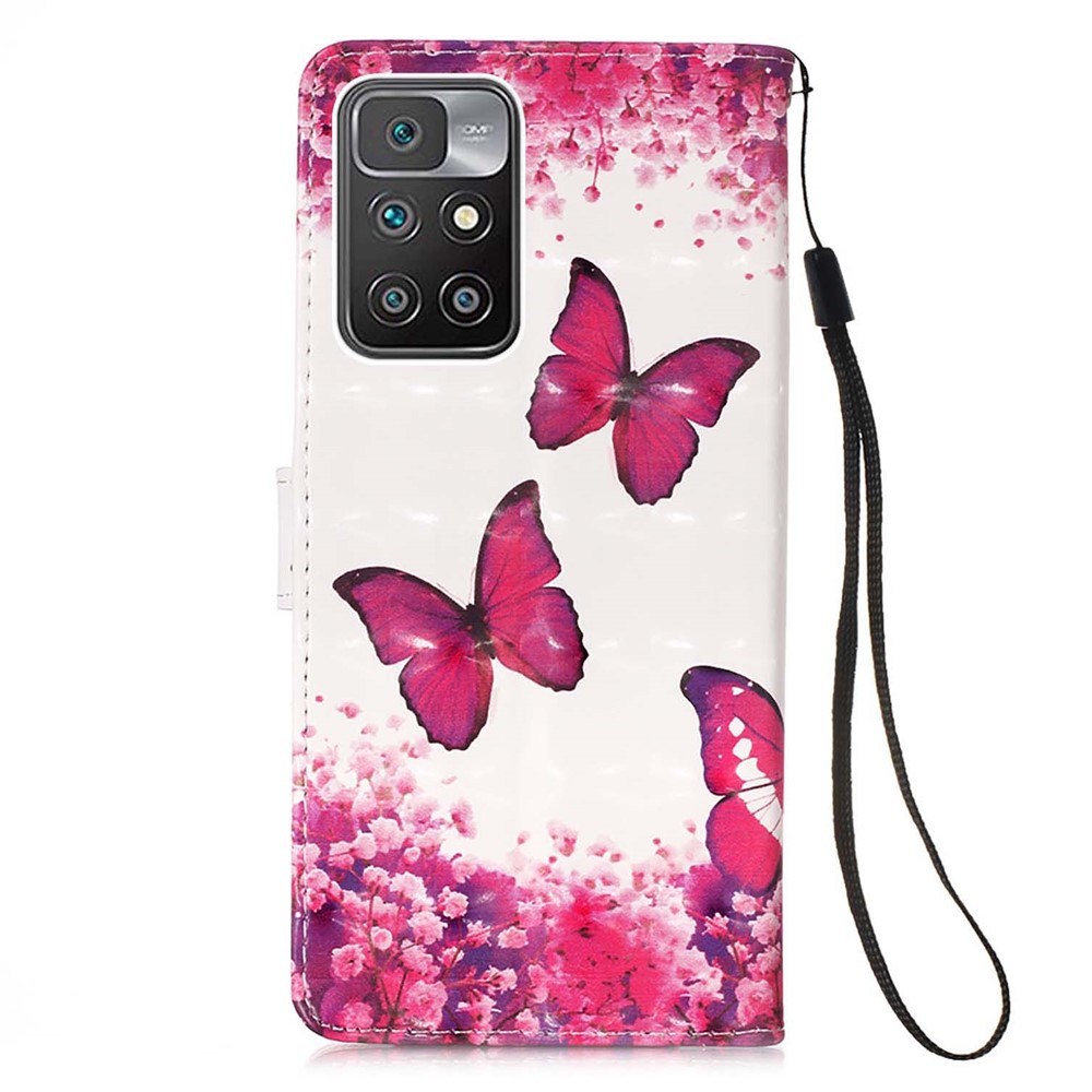 3D Pattern Printing Stand Wallet Design Phone Cover Shell with Strap for Xiaomi Redmi 10/Redmi 10 Prime - Rose Red Butterfly-3