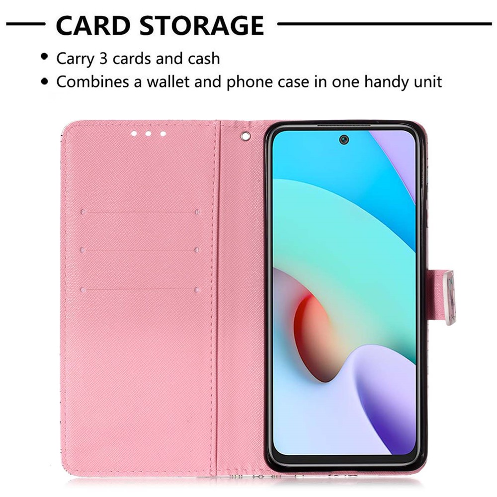3D Pattern Printing Stand Wallet Design Phone Cover Shell with Strap for Xiaomi Redmi 10/Redmi 10 Prime - Rose Red Butterfly-4