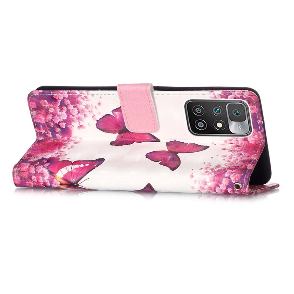 3D Pattern Printing Stand Wallet Design Phone Cover Shell with Strap for Xiaomi Redmi 10/Redmi 10 Prime - Rose Red Butterfly-5