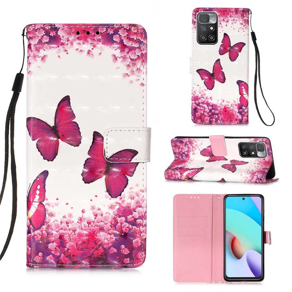 3D Pattern Printing Stand Wallet Design Phone Cover Shell with Strap for Xiaomi Redmi 10/Redmi 10 Prime - Rose Red Butterfly-9
