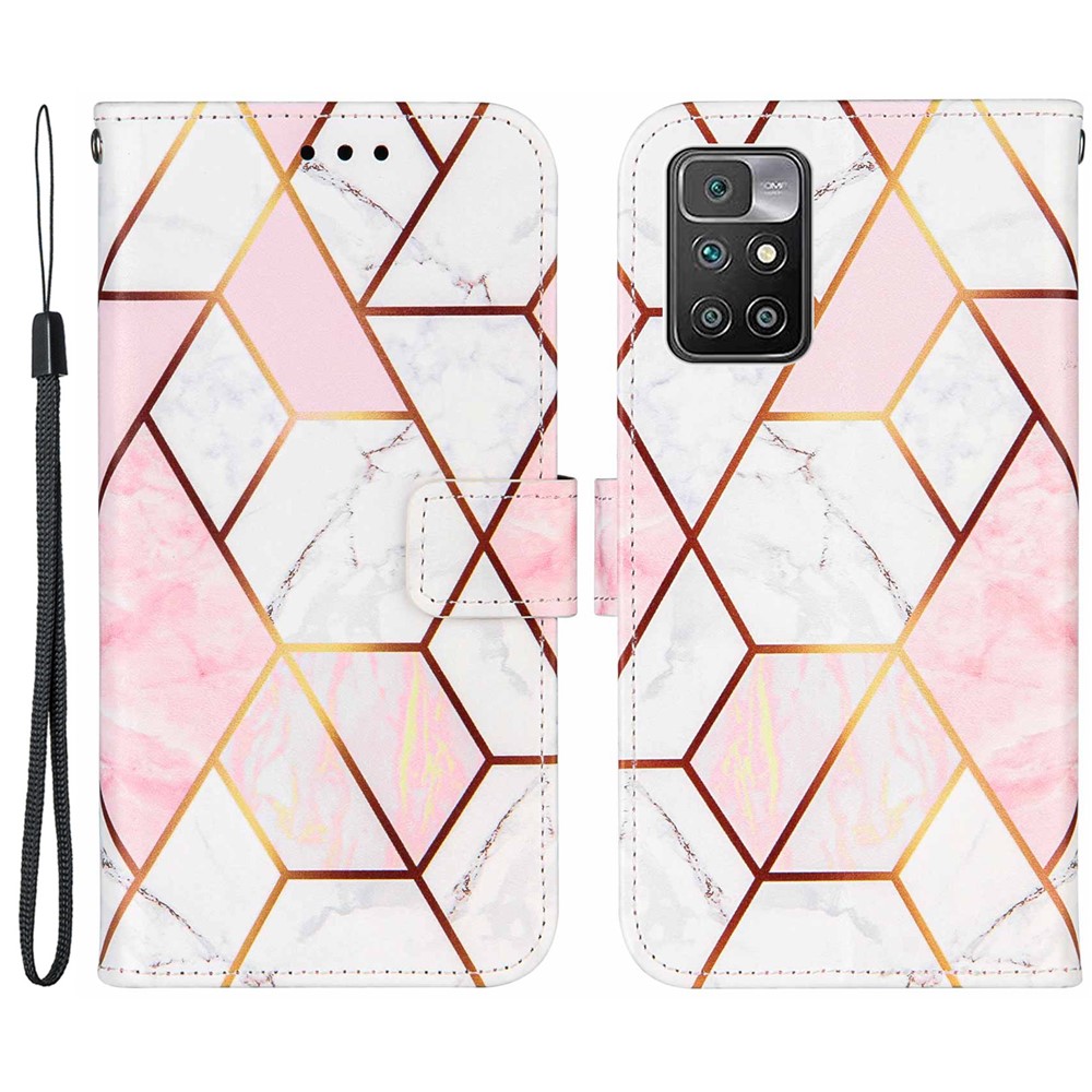 Marble Pattern Splicing Leather Case Wallet Stand Phone Cover Shell for Xiaomi Redmi 10 - Pink/White-1