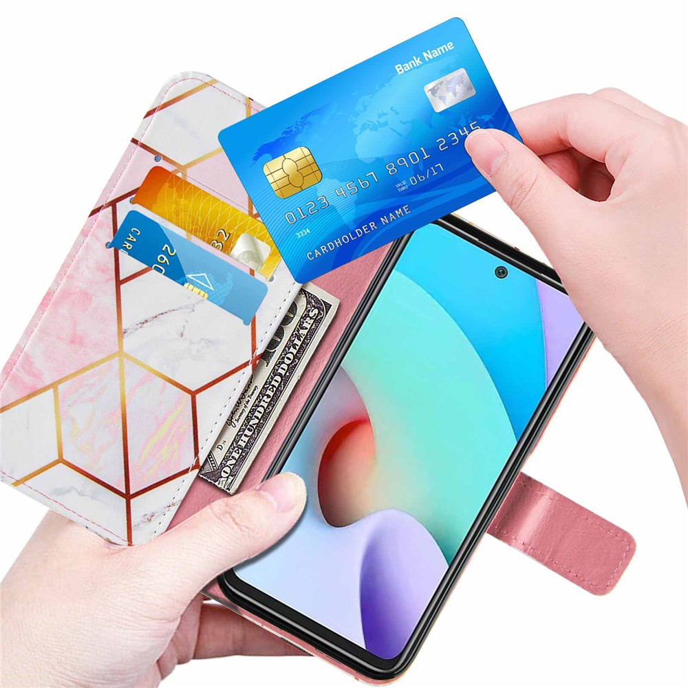 Marble Pattern Splicing Leather Case Wallet Stand Phone Cover Shell for Xiaomi Redmi 10 - Pink/White-6