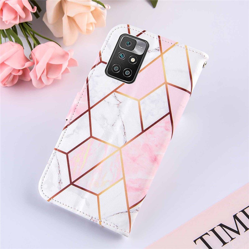Marble Pattern Splicing Leather Case Wallet Stand Phone Cover Shell for Xiaomi Redmi 10 - Pink/White-8