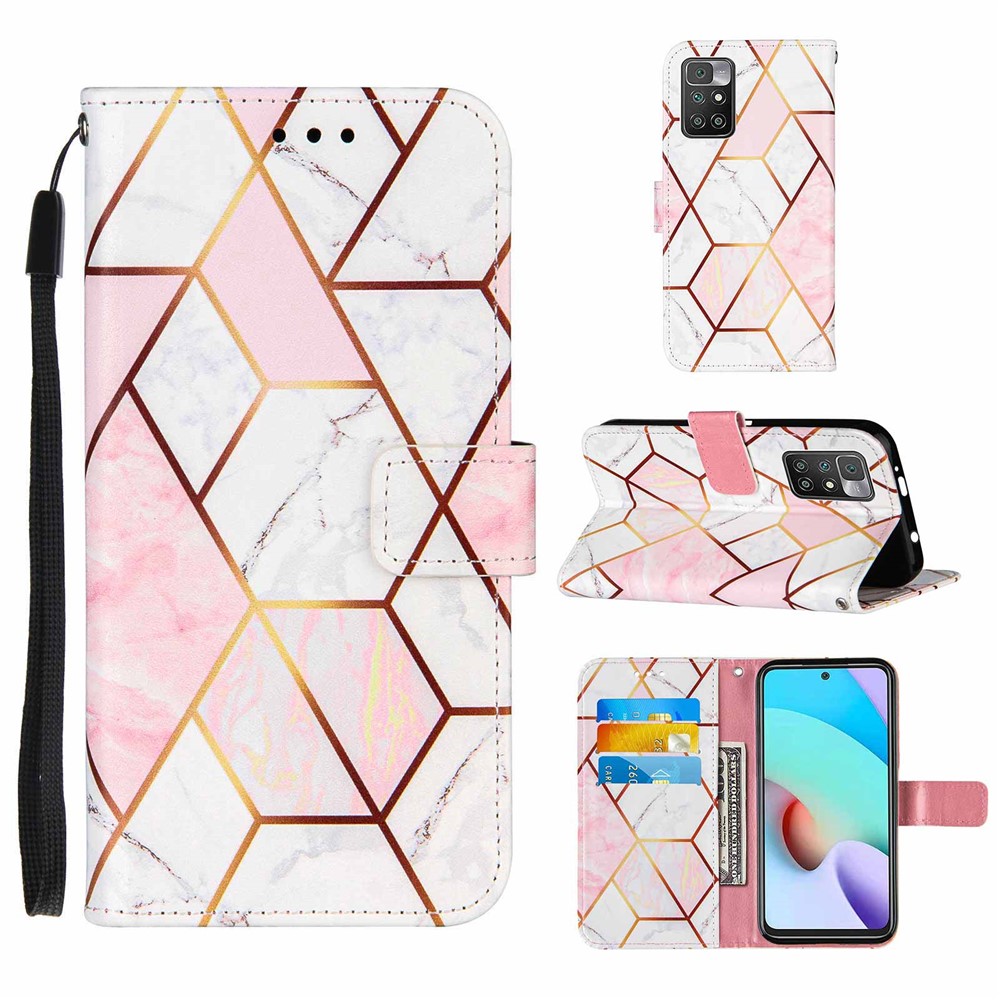 Marble Pattern Splicing Leather Case Wallet Stand Phone Cover Shell for Xiaomi Redmi 10 - Pink/White-9