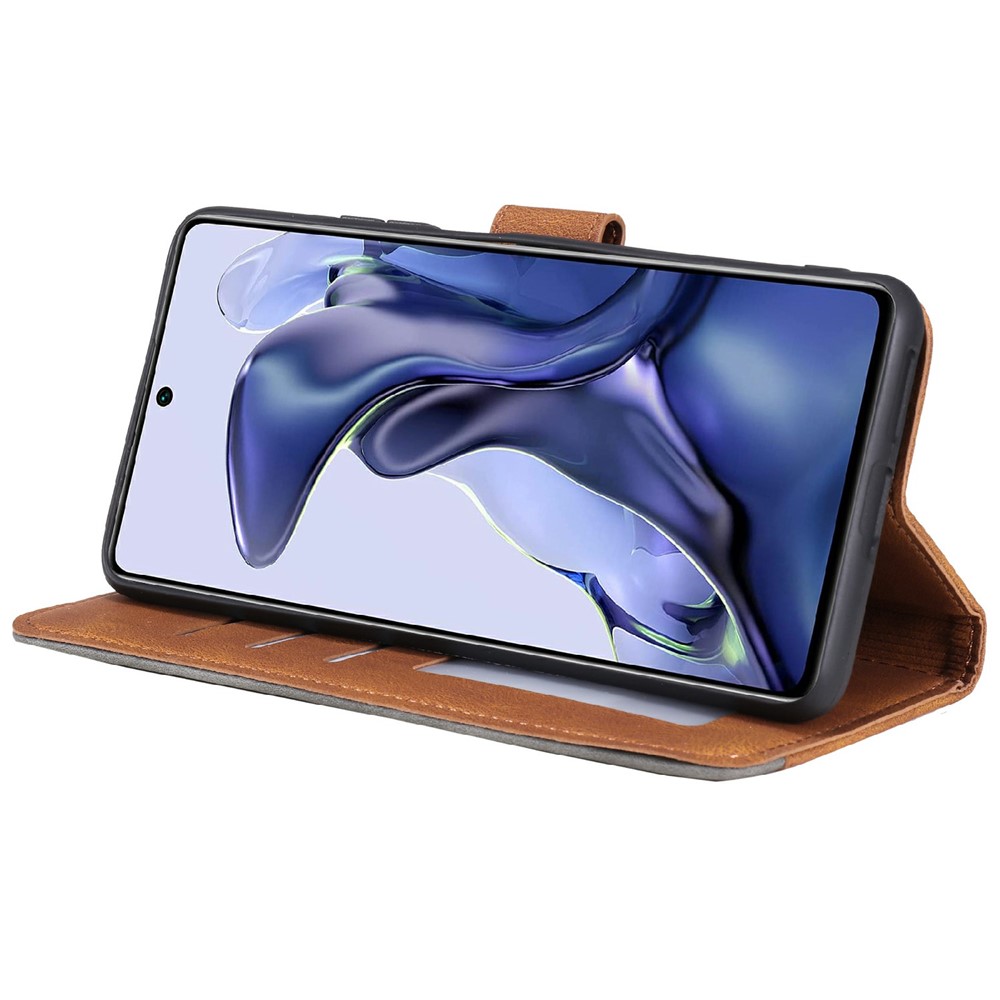 Splicing Stitching Skin-touch PU Leather and TPU Stand Wallet Phone Case Protective Cover for Xiaomi 11T - Brown-5