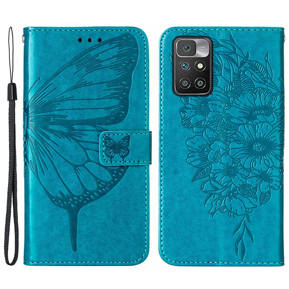 Shockproof Imprint Butterfly Flower Pattern Leather Wallet Phone Case with Wrist Strap for Xiaomi Redmi 10 - Blue-1