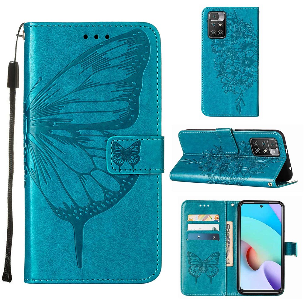 Shockproof Imprint Butterfly Flower Pattern Leather Wallet Phone Case with Wrist Strap for Xiaomi Redmi 10 - Blue-10