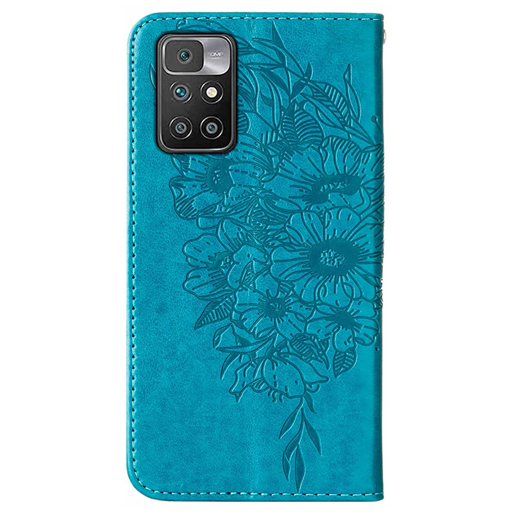Shockproof Imprint Butterfly Flower Pattern Leather Wallet Phone Case with Wrist Strap for Xiaomi Redmi 10 - Blue-3