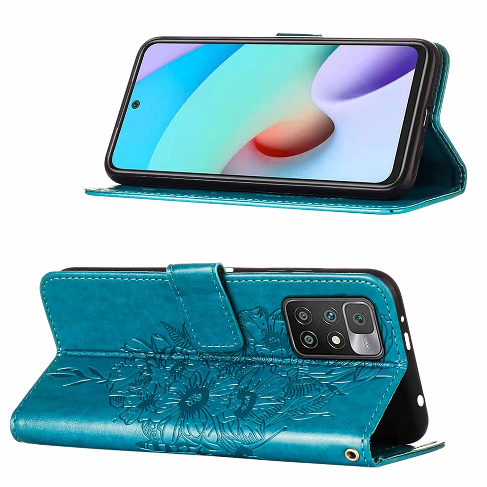 Shockproof Imprint Butterfly Flower Pattern Leather Wallet Phone Case with Wrist Strap for Xiaomi Redmi 10 - Blue-4
