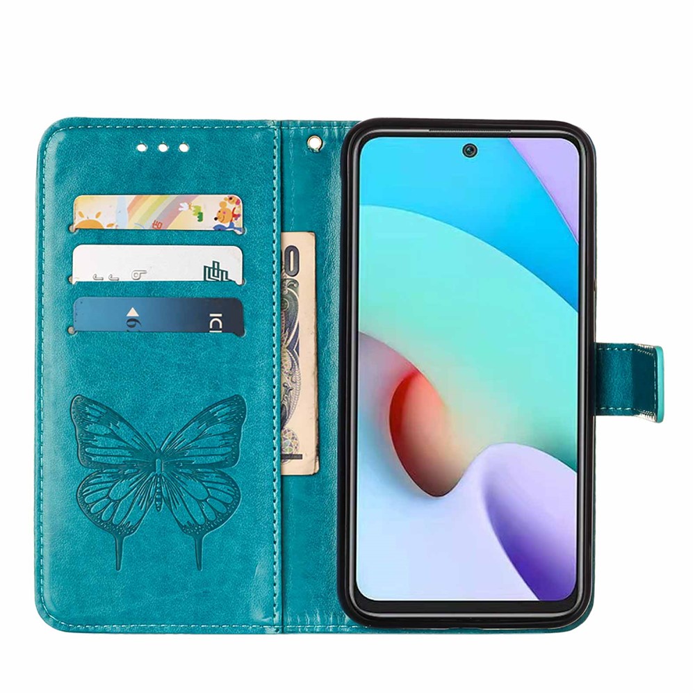 Shockproof Imprint Butterfly Flower Pattern Leather Wallet Phone Case with Wrist Strap for Xiaomi Redmi 10 - Blue-5
