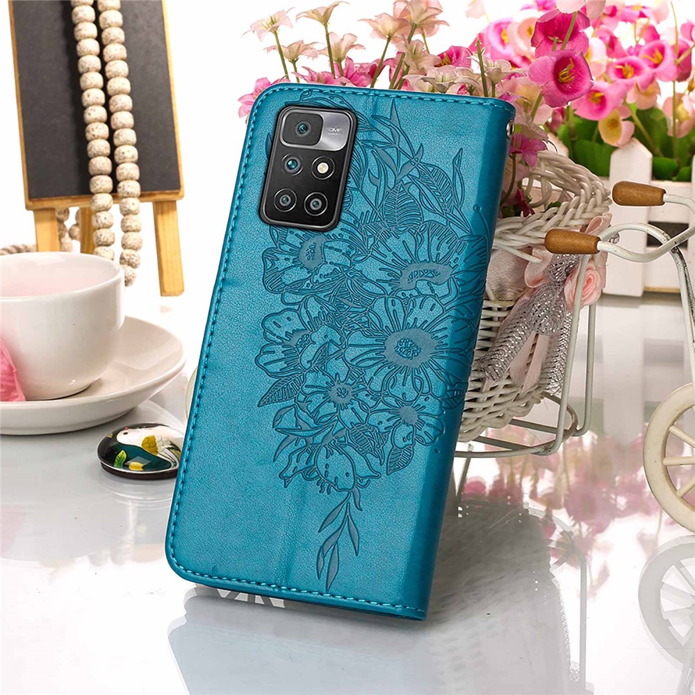Shockproof Imprint Butterfly Flower Pattern Leather Wallet Phone Case with Wrist Strap for Xiaomi Redmi 10 - Blue-9