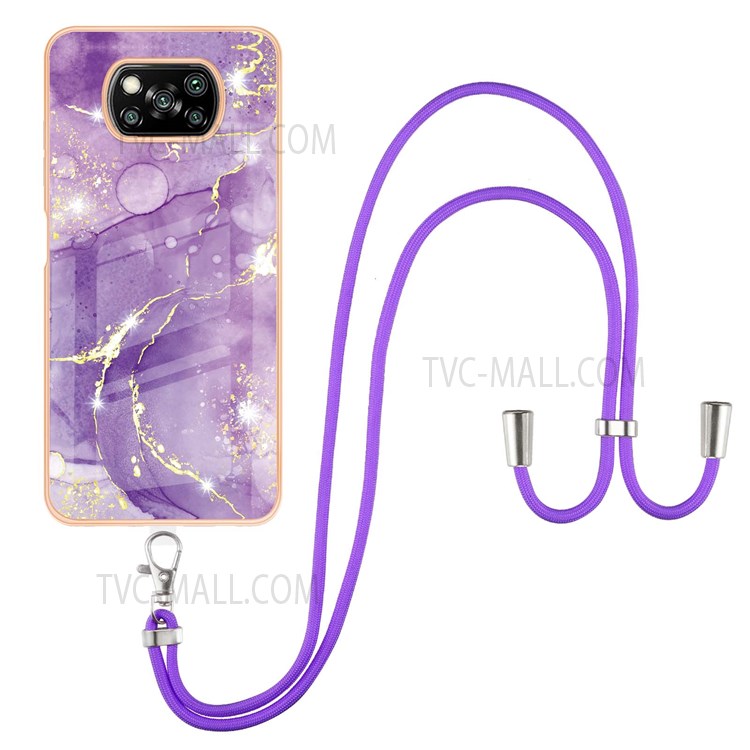 Adjustable Lanyard + Electroplating Frame Flexible TPU Phone Cover Case with IML IMD Marble Pattern for Xiaomi Poco X3 NFC/X3 Pro/X3 - Purple 002-1