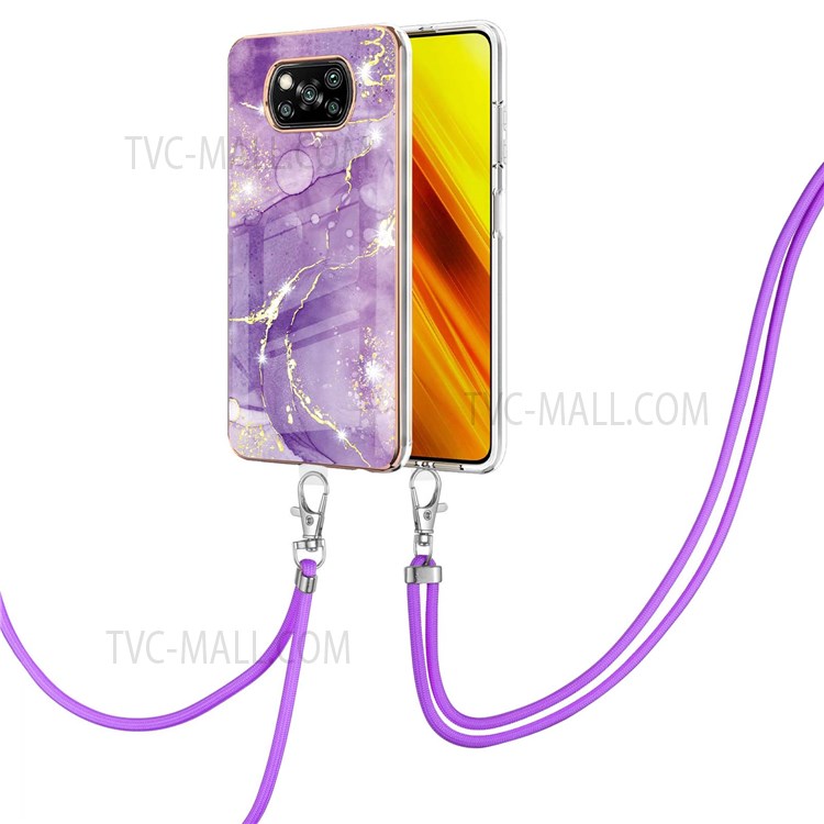 Adjustable Lanyard + Electroplating Frame Flexible TPU Phone Cover Case with IML IMD Marble Pattern for Xiaomi Poco X3 NFC/X3 Pro/X3 - Purple 002-2