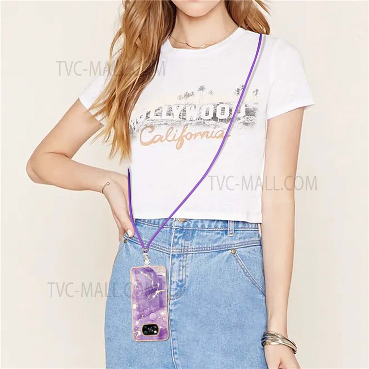 Adjustable Lanyard + Electroplating Frame Flexible TPU Phone Cover Case with IML IMD Marble Pattern for Xiaomi Poco X3 NFC/X3 Pro/X3 - Purple 002-4