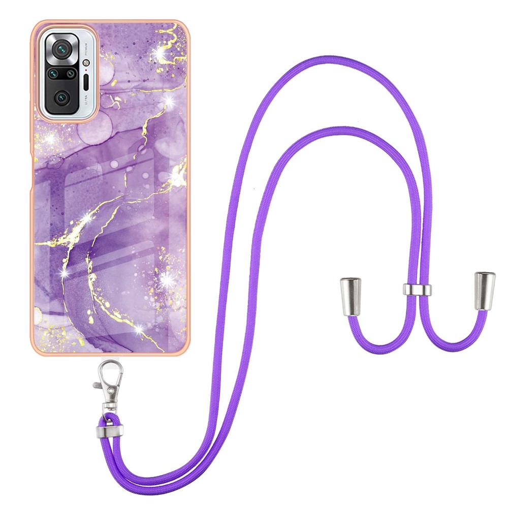 IML IMD Marble Pattern Scratch-Resistant Electroplating Frame Flexible TPU Phone Cover Case with Adjustable Lanyard for Xiaomi Redmi Note 10 Pro 4G (India)/(China)/Note 10 Pro Max - Purple 002-1