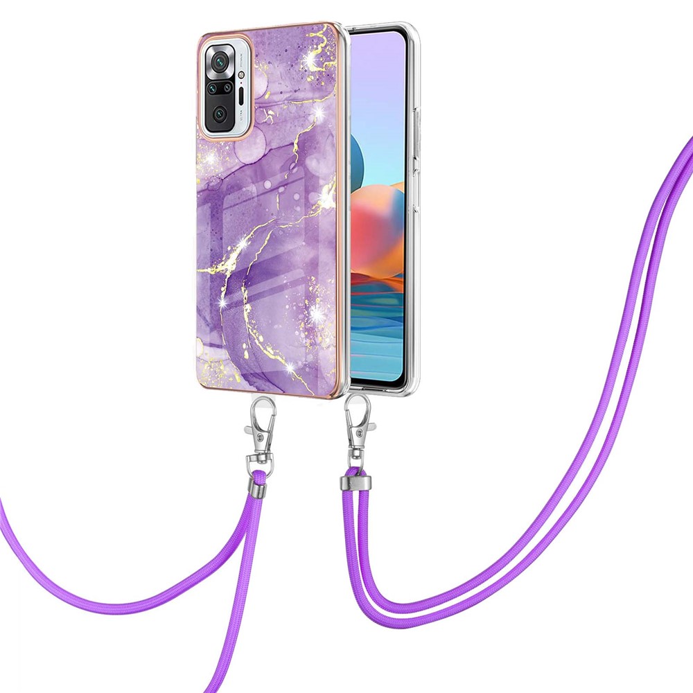 IML IMD Marble Pattern Scratch-Resistant Electroplating Frame Flexible TPU Phone Cover Case with Adjustable Lanyard for Xiaomi Redmi Note 10 Pro 4G (India)/(China)/Note 10 Pro Max - Purple 002-2